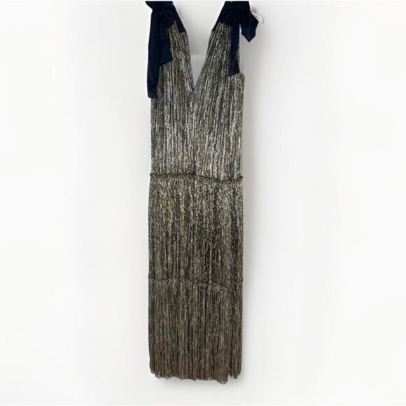 Sabina Musayev Ray Metallic Gold Tiered Maxi Dress Bow Tie Sz M - Picture 3 of 10